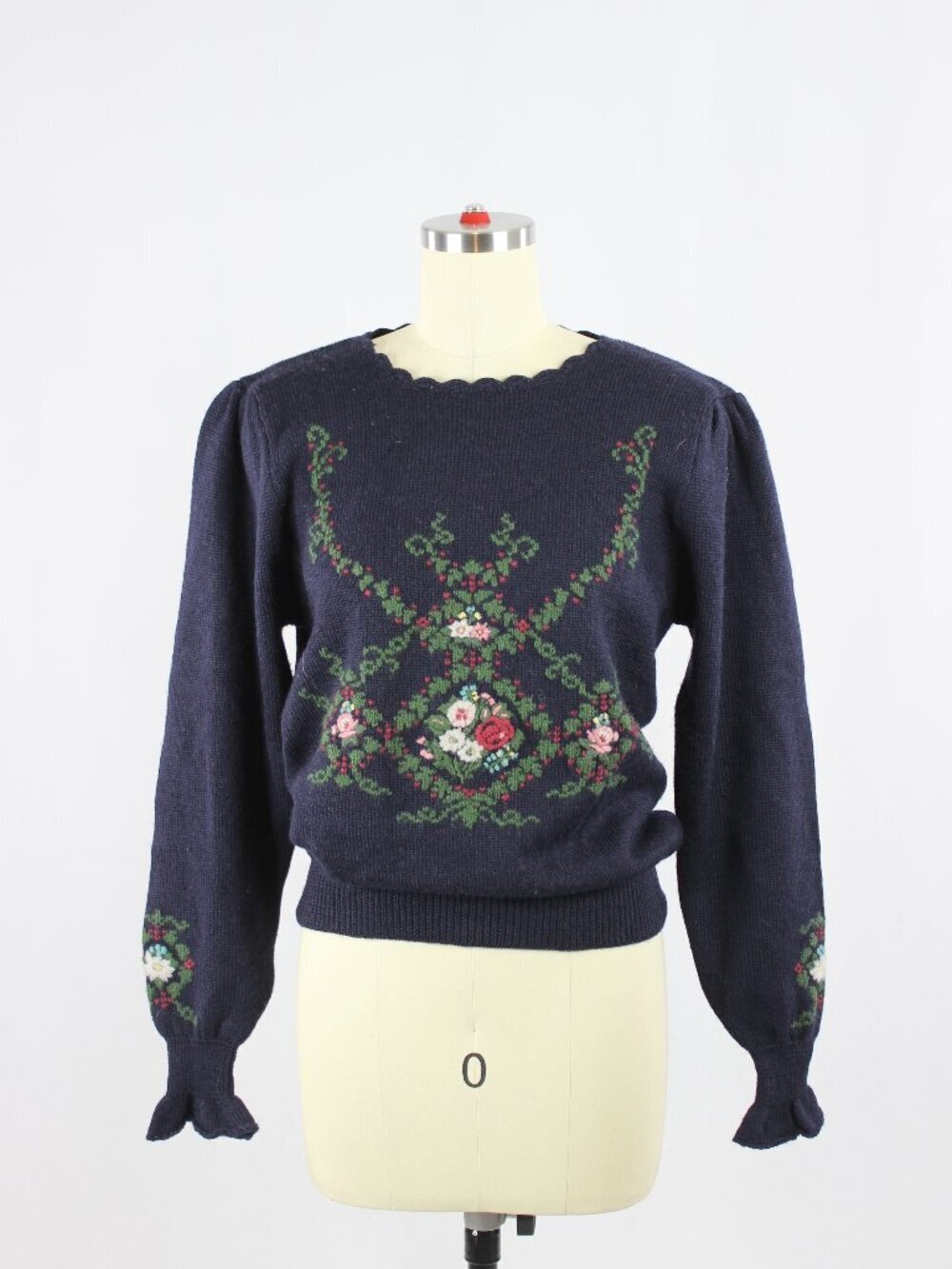 Vintage 90's HERMAN GEIST Navy Blue Knit Hand Embroidered Floral Sweater, Size S